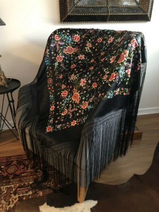 Floral Embroidered Piano Scarf 44” Square With 20” Fringe Silk Or Satin??