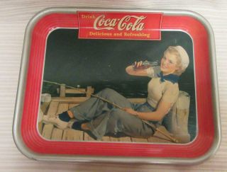 Vintage Coca - Cola Tray Sailor Girl Fishing 1940 Metal Serving Tray Coke