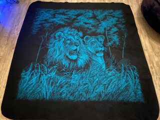 Vintage San Marcos Blanket Reversible Green & Black Lion Lioness 86 " X90 "