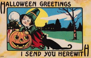 Vintage Bergman Halloween Greetings Postcard 2 Girls Jol Black Cat Unposted