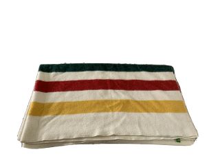 Vintage LL Bean Cabin Wool Blanket White w/ Green Yellow Red Stripes Rare 85x71 2