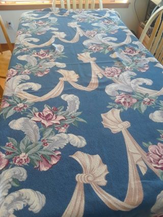 Vintage Bark Cloth Drape Fabric Blue With Plumes Pink Floral Swags 40 X 80 In.