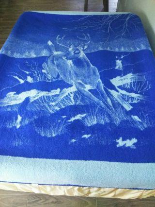 Vintage San Marcos Deer Reversible Blanket Blue 90x 80size