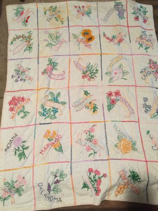 Vintage Handmade Embroidery State Flowers Lap Quilt Wallhanging 46x72