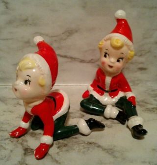 2 Vtg Blonde Ceramic Christmas Pixie Shelf Elf In Santa Claus Suit Holiday Fairy