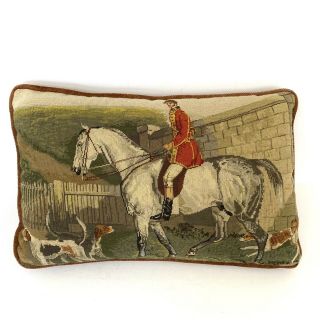 Vintage Equestrian Needlepoint Pillow 18x13 " Tapestry Hunting Dogs Horse Riding