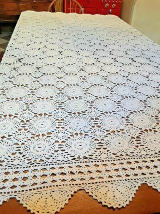 Vintage Large Hand Crocheted Cotton Beige Off White Tablecloth.  78 " X 61 "