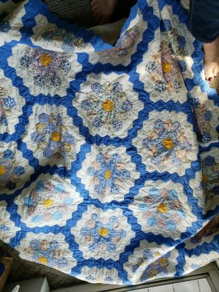Vtg Hand Sewn Blue/yellow Quilt “grandma’s Flower Garden " 62 " X 80 "