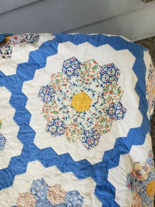 Vtg Hand Sewn Blue/Yellow Quilt “Grandma’s Flower Garden 