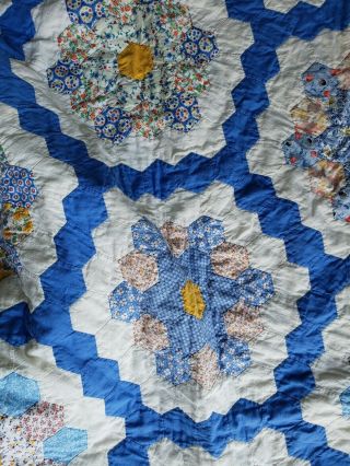 Vtg Hand Sewn Blue/Yellow Quilt “Grandma’s Flower Garden 