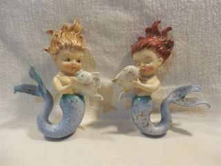 Vintage Norcrest Japan Ceramic Mermaid Holding Fish Wall Plaques Set Of 2 P659
