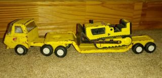 Vintage Mini Tonka Yellow Semi Truck With Lowboy Trailer & Yellow Bulldozer