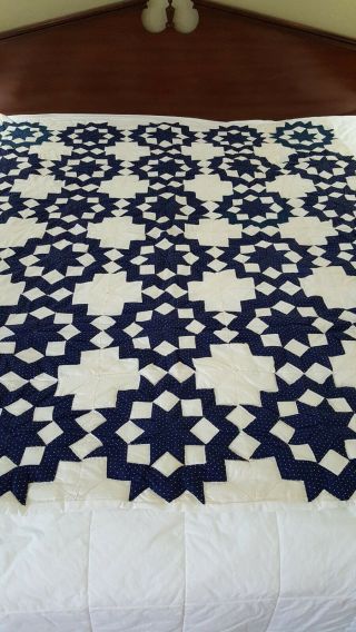 Vintage Patchwork Quilt Star Pattern Cobalt Blue & White 57x70 " Pre - Owned