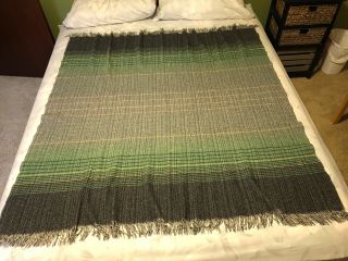 Faribo 100 Wool Lap Robe Blanket Fringe Gray/green/yellow Stripe Mn Usa 53x55 "
