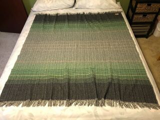 Faribo 100 Wool Lap Robe Blanket Fringe Gray/Green/Yellow Stripe MN USA 53x55 