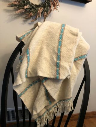 Amana Woolen Mills Wool Throw Blanket Southwest Blue Tan Fringe