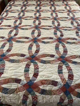 Vintage Double Wedding Ring Cheater Quilt 85 " X 107 " Queen Sz 673