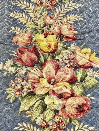 Vintage Cabbage Rose Floral Shabby Fabric Curtain Panel (1) Blue Pink 64 X 21