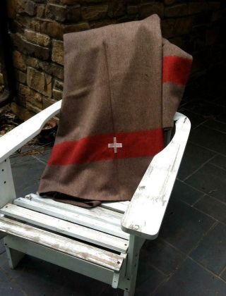 Swiss Army Blanket Rare Vintage Wool Euc Brown Red Stitched Cross Full Size