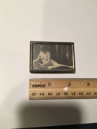 Vintage 1920’s ? Nude Woman Risque Photo Print Brass Framed Rectgl Pocket Mirror