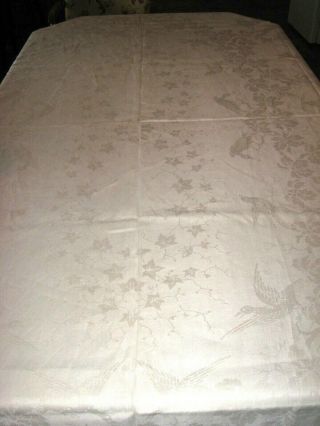 Vintage Antique White Irish Linen Damask Tablecloth W/deer - Geese Floral - 126 "