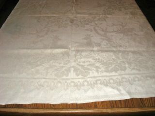 Vintage Antique White Irish Linen Damask Tablecloth w/Deer - Geese Floral - 126 