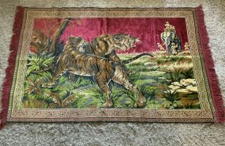 Vintage Velvet Tapestry Wall Hanging Rug Mid - Century Tiger Hunt Elephant