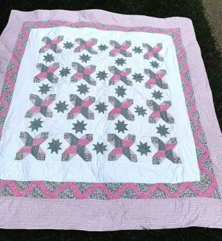 Vintage Quilt Floral Star Patchwork Pink Green 86x80 Cottage Bed Linens