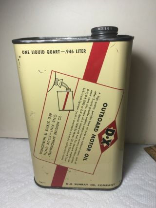 D - X DX SUNRAY OUTBOARD MOTOR OIL TIN LITHO QUART OIL CAN BOAT GRAPHICS 3