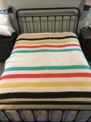 Vintage Wool Blanket Cream With Multi - Color Stripes 74 " X 84 "