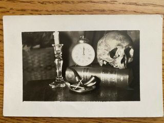 Vintage 1914 Photo Grays Anatomy,  Skull,  Candle Postcard Medical Picture