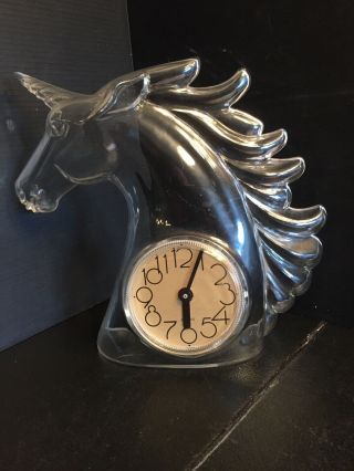 B42) Vintage 1970s Clear Acrylic Lucite Figural Unicorn Novelty Clock Hang/stand