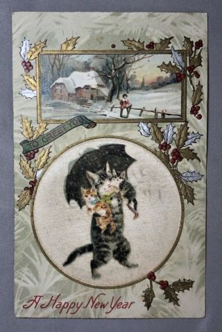 1909 Silk Applied Cat & Kittens Happy Year Embossed Postcard Antique Germany