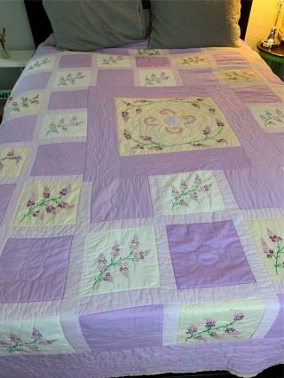 Purple Lavender Hand Embroidered Floral Patchwork Cotton Quilt Queen Size