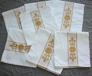 Vintage Gold Fleur De Lis Napkins Or Small Towels Lovely French Chateau Chic 7pc