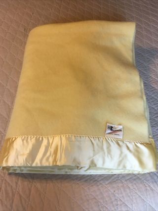 Vintage Chatham Wool Blanket Yellow Satin Trim 78 " X 80 "