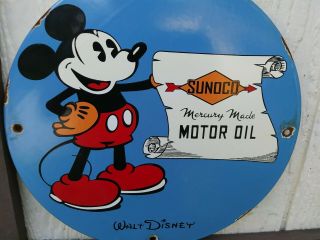 Old 1933 Sunoco Motor Oil Porcelain Sign,  Mickey Mouse,  Gas,  Pump Plate