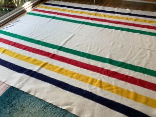 Vtg Hudson Bay 8 Point Multi Color Stripe Blanket England 100 Wool King Size