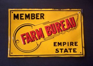 Vintage Member Farm Bureau Empire State Embossed Tin Sign York 1950s
