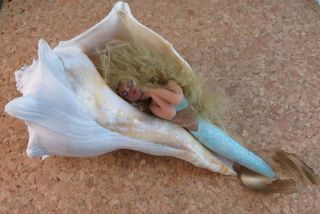 Sleeping Mermaid W/ Blonde Fuzzy Hair Clay Figurine On Sea Shell 6 "