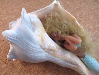 Sleeping Mermaid W/ Blonde Fuzzy Hair Clay Figurine on Sea Shell 6 