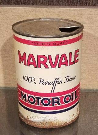 1930s Marvale 100 Parrafin Base One Quart Motor Oil Can Enid Oklahoma Ok