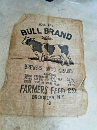Vintage 100 - Pound Bull Brand Brewers Dried Grain Farmers Feed Co Brooklyn N.  Y.