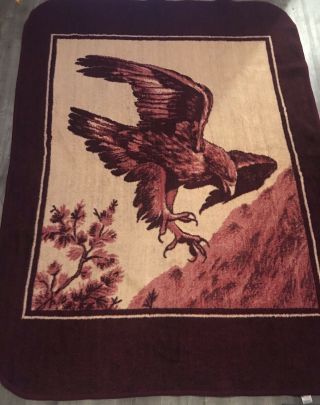 Vintage San Marcos Eagle Maroon Beige Blanket 86” X 70”