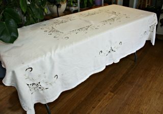 Vintage Linen Tablecloth Off White / Ecru Cutwork Embroidery 80 " X 62 " Estate