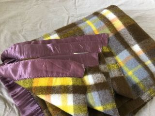 Vtg Thermal Acrylic Brown and Yellow Plaid Blanket Satin Trim 82 x 64 Inches 2