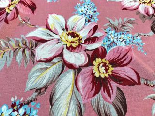 Magnolias On Pink Barkcloth Era Vintage Fabric Drape Curtain 30 