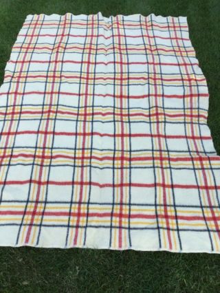 Vintage 1950’s Mcm Wool Blanket Large Scale Plaid Yellow,  Red,  Black Tag