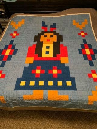 Vintage Hand Made Twin Size Quilt Southwest Pattern W/ Blues,  Red,  & Orange