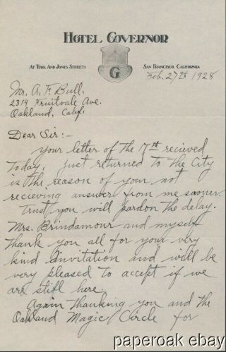 1928 Letter From The Great Brindamour Magician
